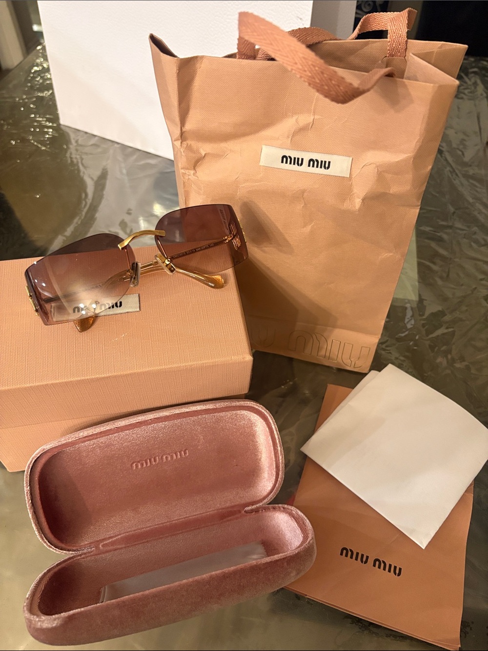 Miu Miu Rimless Sunglasses with Brown Gradient Lenses and Gold Temples
